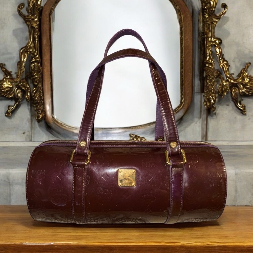 MCM Patent Monogram Essential Barrel Bag Bordeaux EUC - Picture 1 of 14
